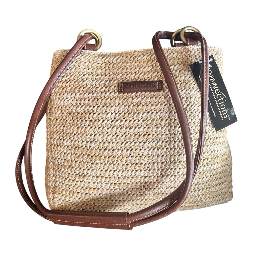 Connections NWT Vintage Woven Straw Shoulder Bag Brown Leather Straps